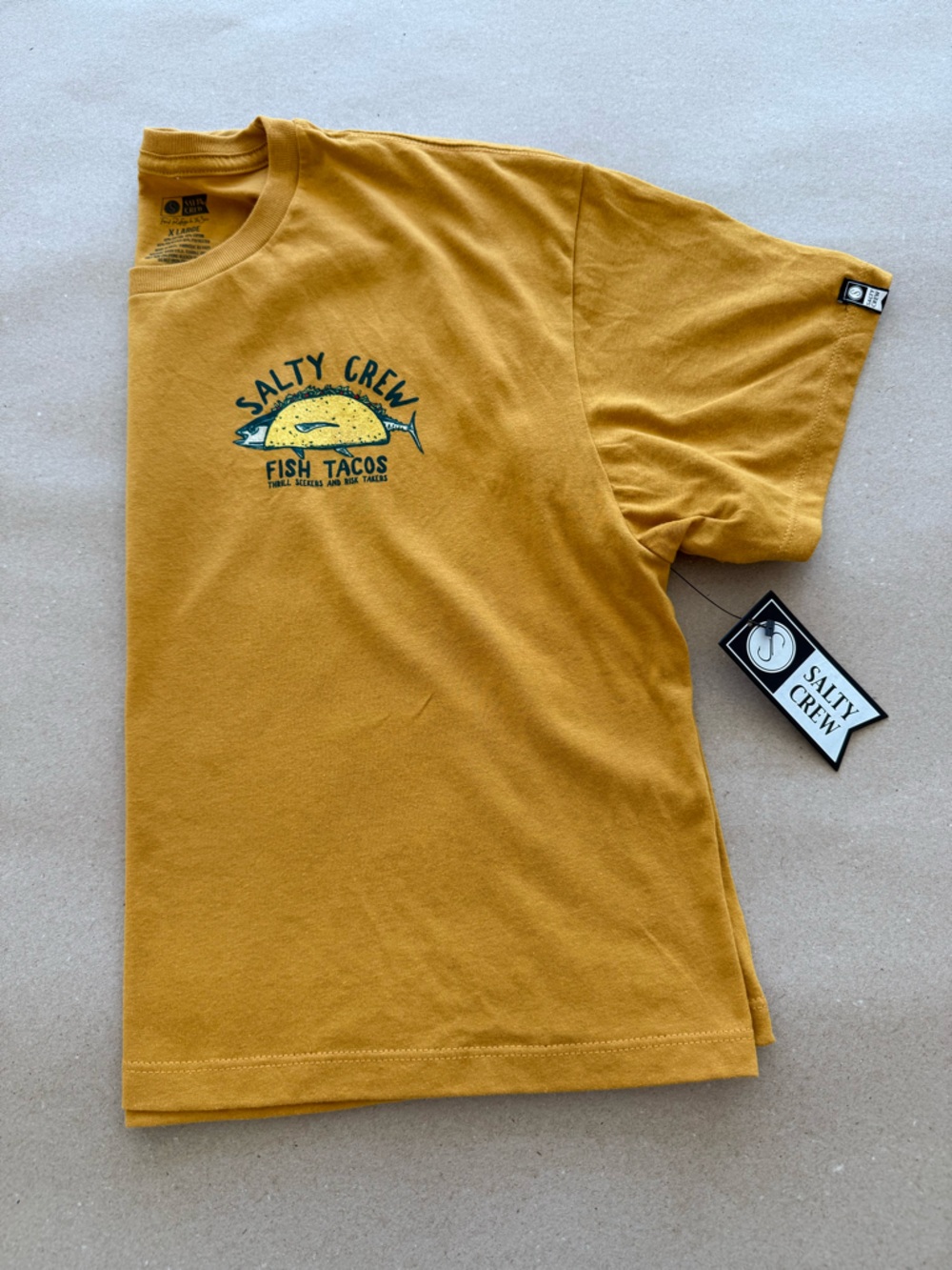 Salty Crew — Mustard Yellow Fish Tacos Cropped Tee — Size XL - Picture 6 of 6